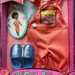 Orange Overalls with Blue Glitter Shoes